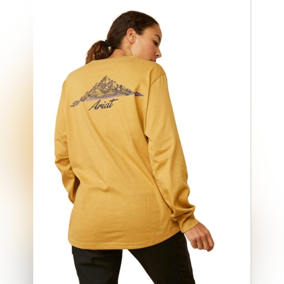 Ariat Rebar Cottonstrong Mustard Yellow Long Sleeve Outdoor Adventure Tee sz S - Picture 2 of 12